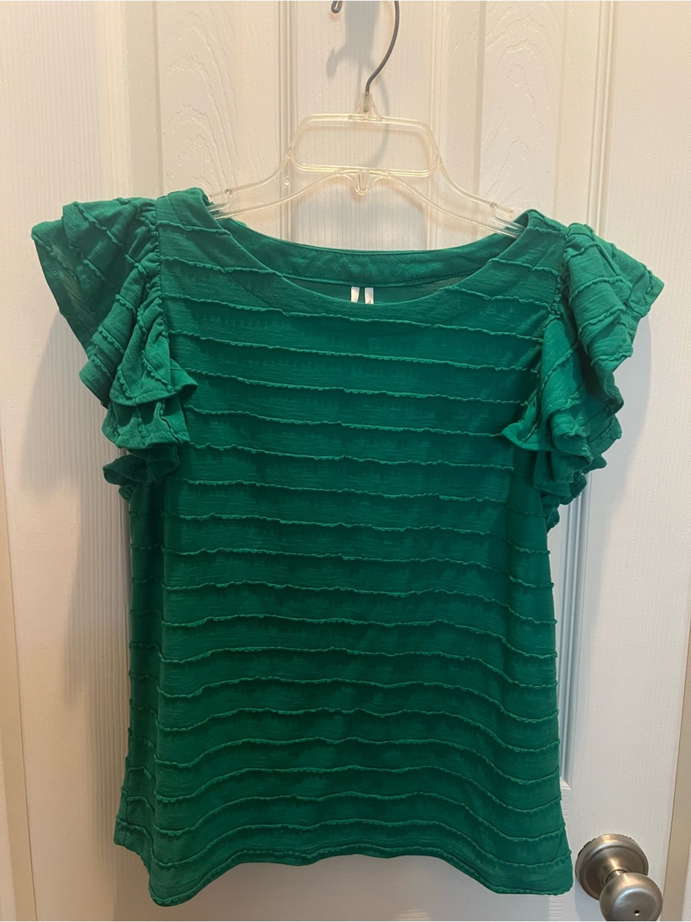 Anthropologie Vibrant Green Top Flutter Sleeves Size XS Embroidered Stripes